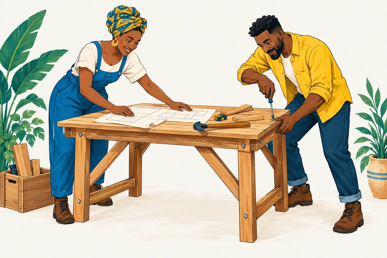 Illustration : deux personnes construisent un espace de travail commun.