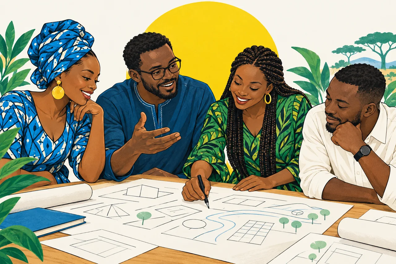 Illustration : quatre personnes réunissent leurs idées autour d’un projet commun.